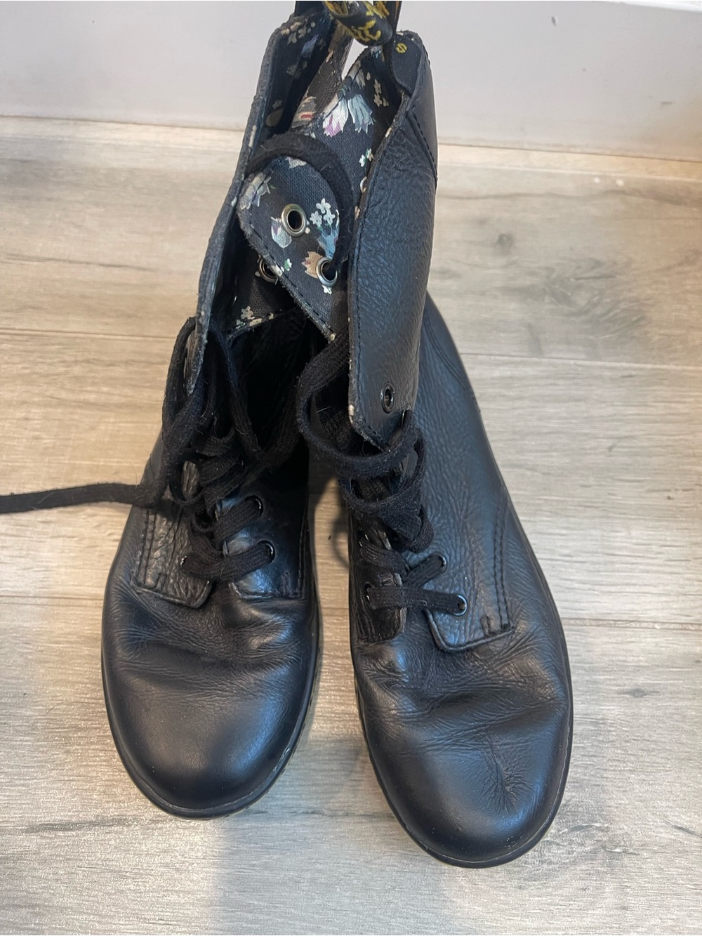 Dr. Martens Black Leather Lace-Up Combat Boots with Floral Inner Lining